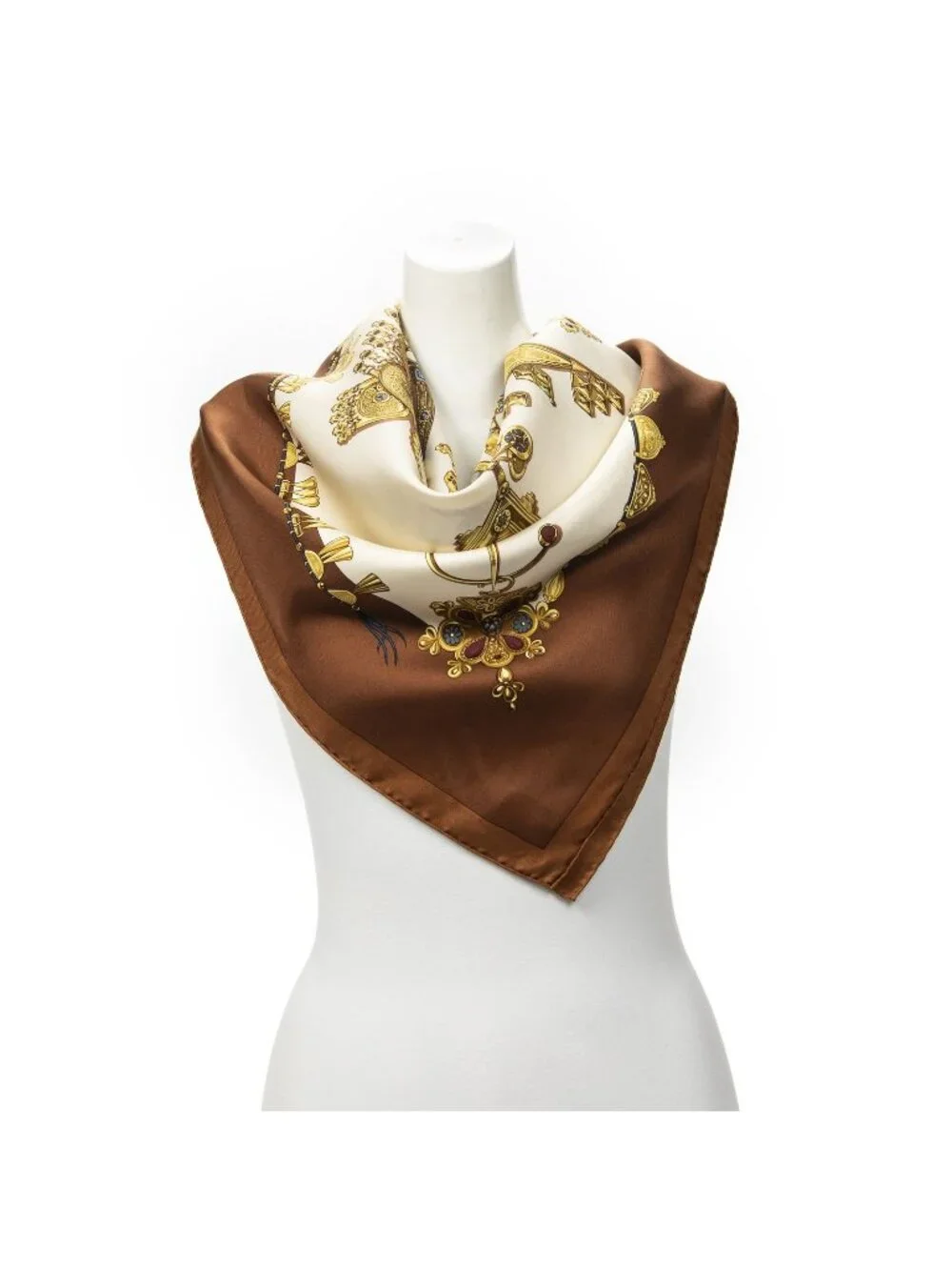 Hermes Scarf Brown Beige Yellow Silk